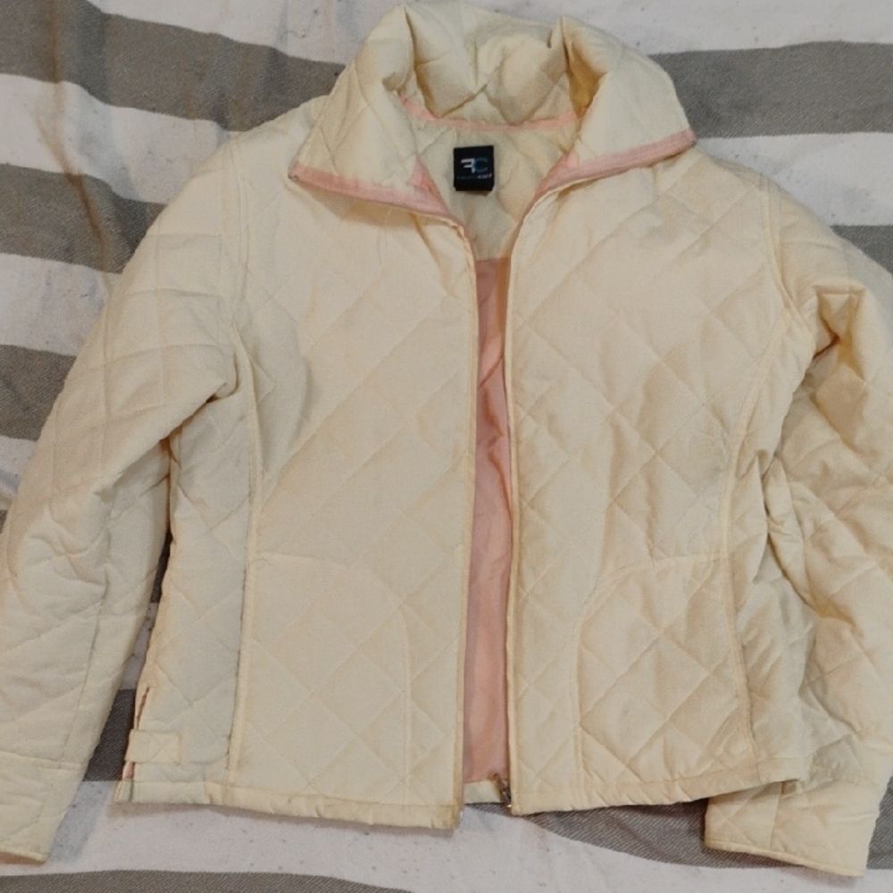 French Cuff Women's Cream Size Large Quilted Puffer Jacket With Pink Lining